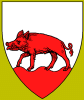 Argent, a boar passant atop a base wavy gules